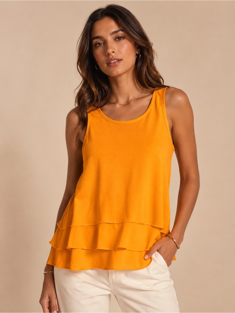 Michael Kors Orange Sleeveless Ruffle Hem Tank